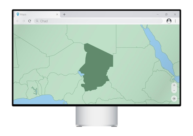 Computer monitor with map of Chad in browser, search for the country of Chad on the web mapping program.