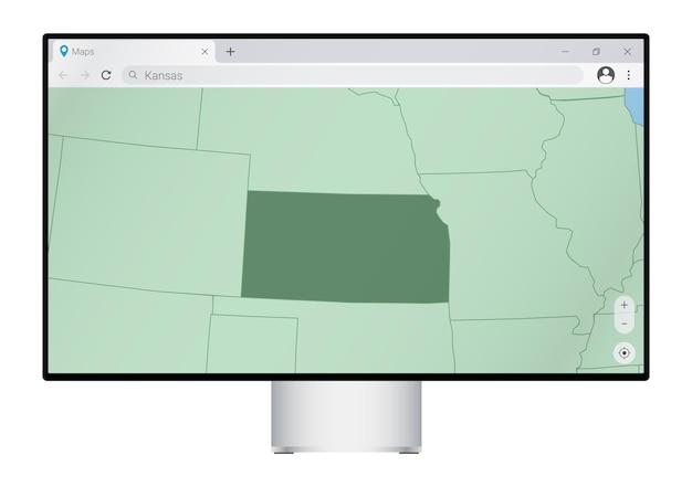 computer monitor with map of kansas in browser search for the country of kansas on the web mapping program