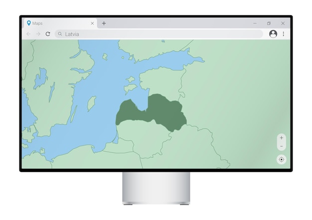 Computer monitor with map of Latvia in browser, search for the country of Latvia on the web mapping program.