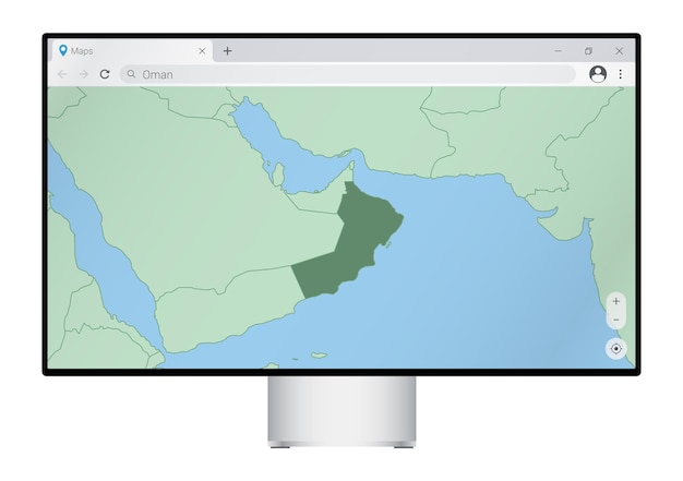 Computer monitor with map of Oman in browser search for the country of Oman on the web mapping program Vector template