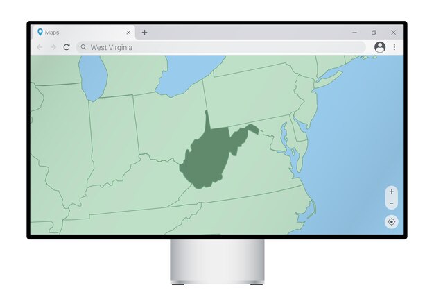 computer monitor with map of west virginia in browser search for the country of west virginia on the web mapping program