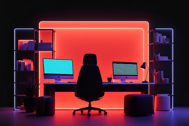 computer monitor with neon light in the office computer with empty screen 3D rendering comput