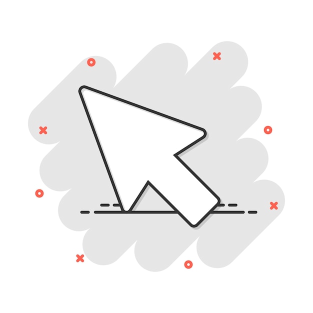 Computer mouse cursor icon in comic style Arrow cursor vector cartoon illustration pictogram Mouse aim business concept splash effect