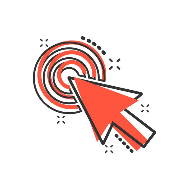 Computer mouse cursor icon in comic style Arrow cursor vector cartoon illustration pictogram Mouse aim business concept splash effect
