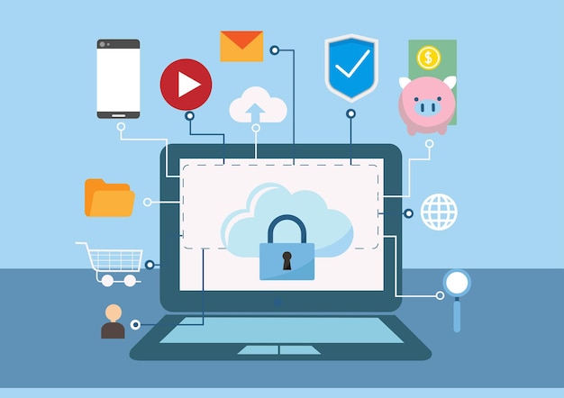 computer padlock cloud lupe cyber security system technology icon Colorful and flat design Vector illustration