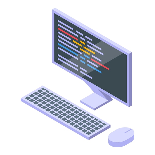 Computer programming code displaying on screen with keyboard and mouse isometric view
