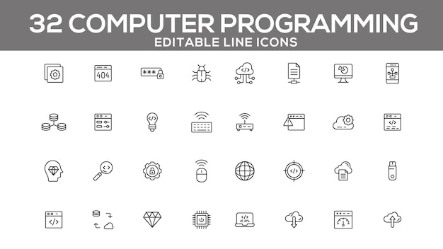 Computer Programming Line Icons Set Editable Coding and Software Development Icons for Web and App Design