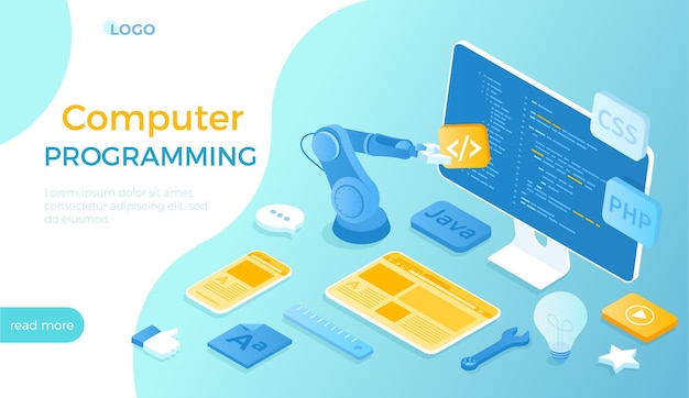 Computer programming Software web app development Program code on monitor screen website templa