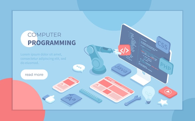 Computer programming software web app development Program code on monitor screen website templa