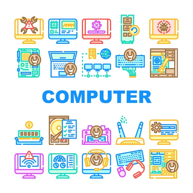 computer repair technician pc icons set vector