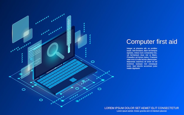 Computer service and first aid flat 3d isometric vector concept illustration