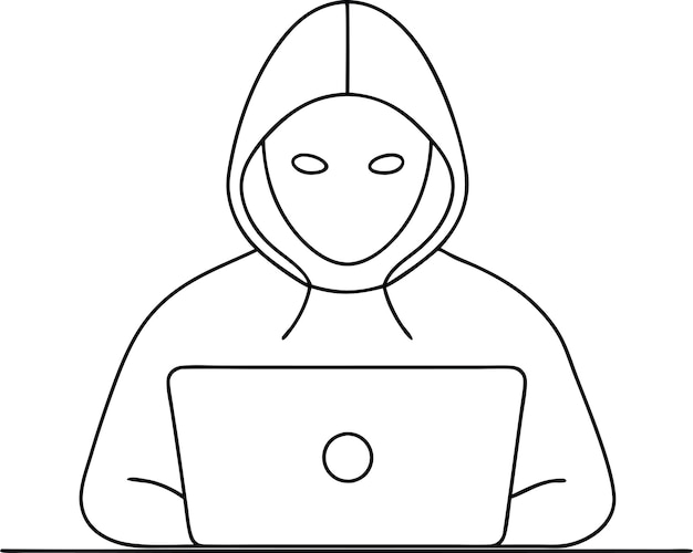 computer single line drawing of a computer hacker stereotype in a line art vector illustration