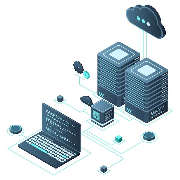 Computer technology isometric illustration Computation of big data center Cloud computing Online devices upload and download information Modern 3d isometric vector illustration