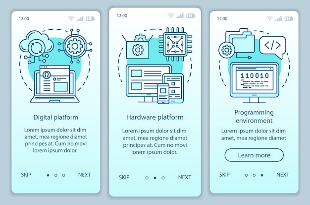 computer technology onboarding mobile app page screen vector template. software development platform. walkthrough website steps with linear illustrations. ux, ui, gui smartphone interface concept