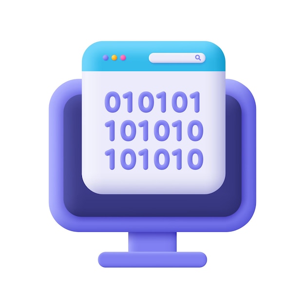 Computer webpage and binary code Web development programming 3d vector icon Cartoon minimal style