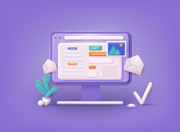 Computer with open pages Landing page template for web Data analytics dashboard and business finance report 3D Web Vector Illustrations