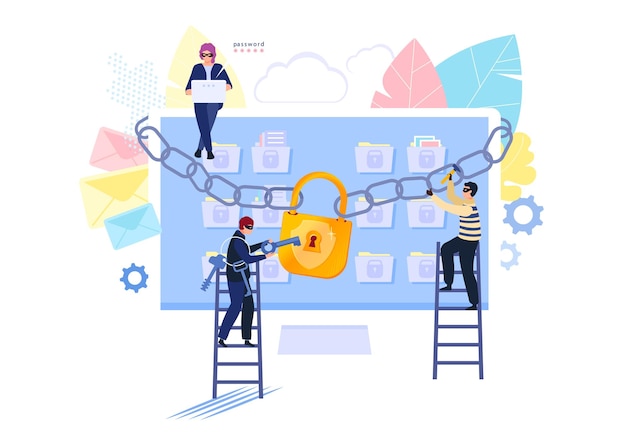 Concept business protect private information in internet tiny character people teamwork together
