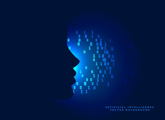 concept face with binary numbers on glowing blue background