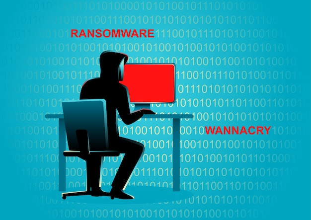 Concept illustration of a hacker behind desktop computer