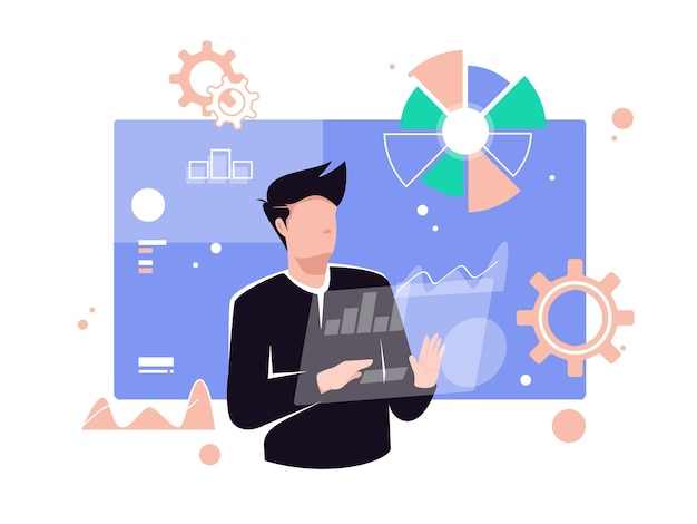Concept illustration of male worker monitoring company analysis data Flat vector illustration