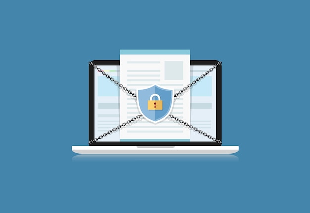 Concept is data security Shield on Computer Labtop protect sensitive data Internet security Vector Illustration