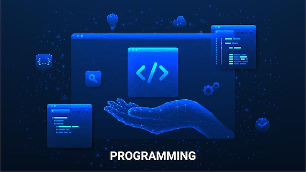 Concept of app development and programming Information technologies computer engineering or coding developing software or game Polygonal vector illustration with programming windows