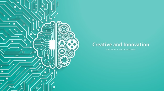 Concept of Artificial Intelligence Gears with a brain shape and digital brain on a circuit background Innovation in the future AI big data deep learning and engineeringVector illustration