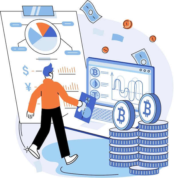 Concept of bitcoin mining blockchain network technology initial coin offering and cryptocurrency Man with laptop working in bitcoin mine Blockchain transaction technology virtual money market