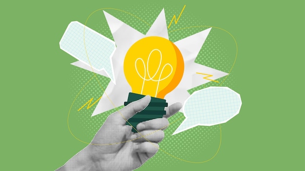 concept of creative idea or brainstorm halftone hand shows bulb vector illustration with paper cut
