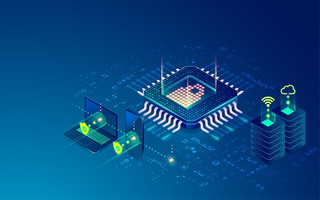 Concept of cyber security or data center, grpahic of microchip with futuristic technology system