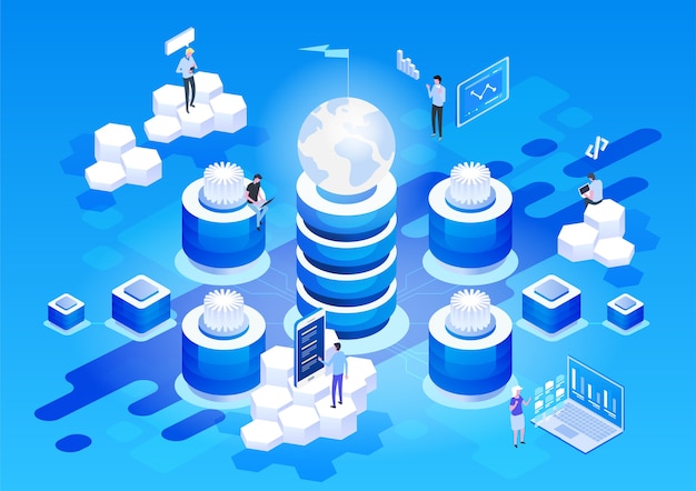 Concept of data network management .Vector isometric map with business networking servers, computers and devices.