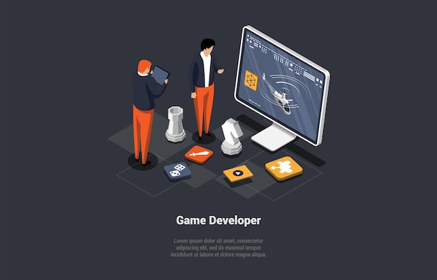Concept Of Game Development Team Of GameDev In Process Of Create And Develop New Computer Video Game Design Digital Technology Programming and Codding Isometric 3d Cartoon Vector Illustration