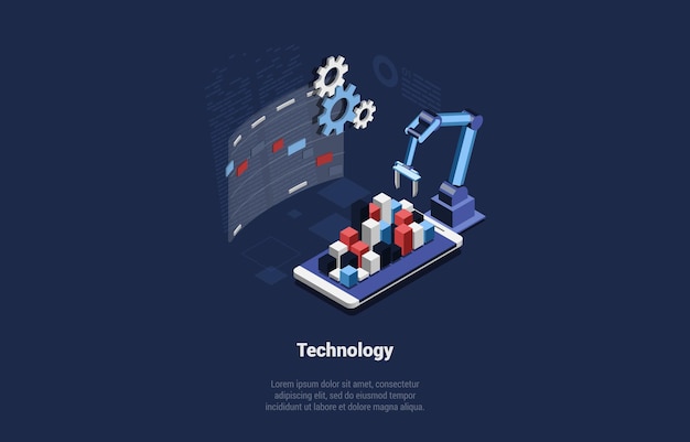Concept Of Process Automation And APP Development With High Technologies And Programming Robotic Process Automation Robot Arm Manage On The Screen Of Smartphone Isometric 3D Vector Illustration
