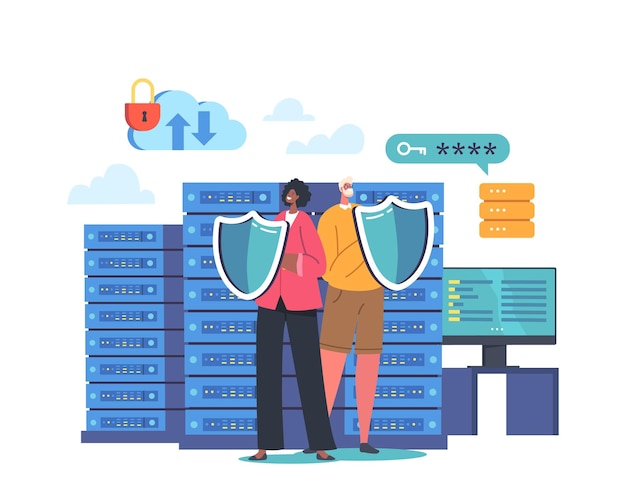 Concept Of Secured Database Male And Female Guards Characters Holding Shields Protect Server Room Or Hard Disks