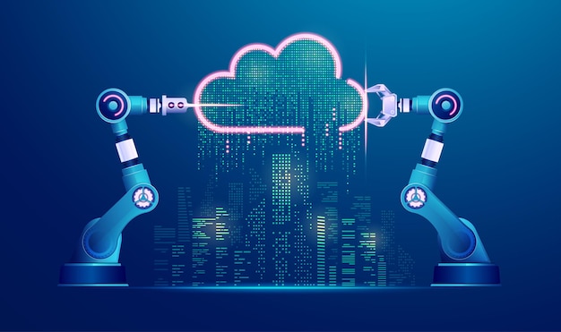 Concept of smart city or industry 4.0, graphic of robotic arms with cloud computing and futuristic city