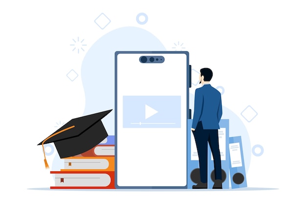 concept of student studying online at home with man looking for educational videos on smartphone