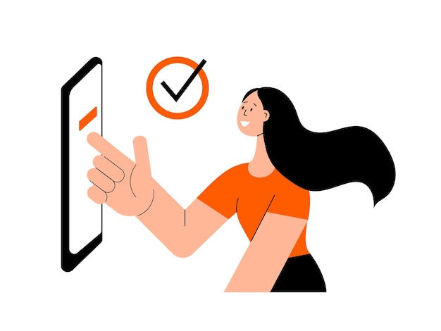 concept of successful confirmation of action woman clicks with hand on button in smartphone and confirms action modern technologies vector illustration