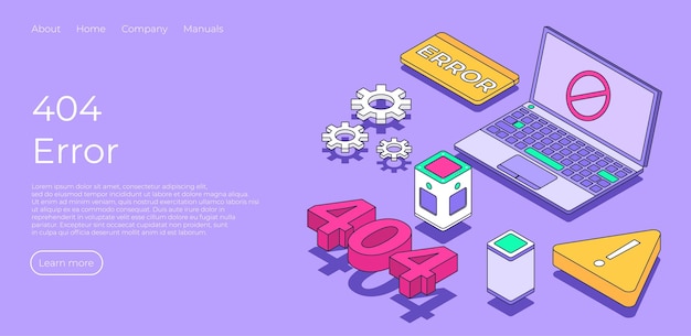Concept of web page connection error Landing page design with laptop danger sign web server work gear and 404 text number Trendy contemporary isometric vector illustration style