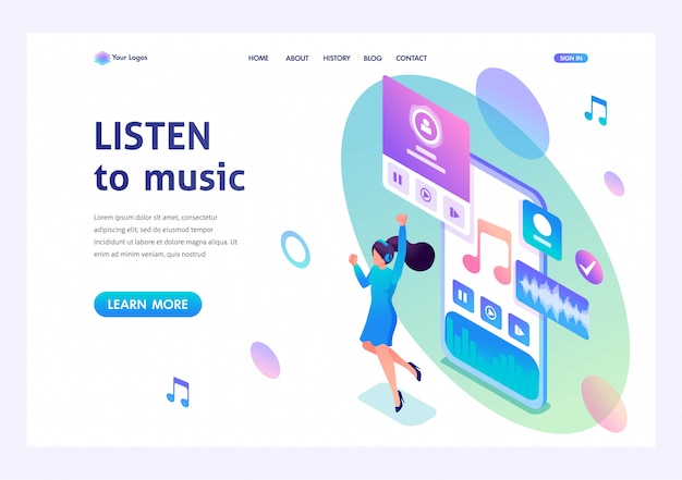 concept The girl listens to music on the smartphone through the app