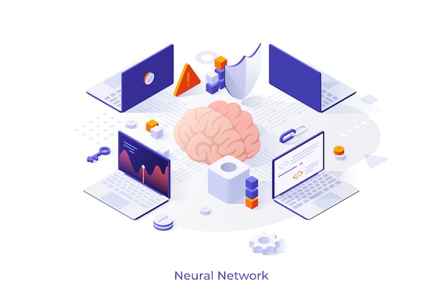 conceptual template with brain surrounded by laptop computers scene of artificial neural network or connectionist system machine learning information technology isometric vector illustration