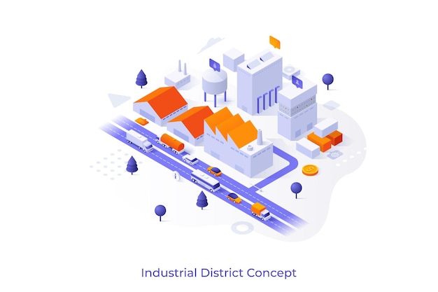 conceptual template with urban area with manufacturing or production buildings water tower trucks on road scene for city industrial district modern isometric vector illustration for webpage