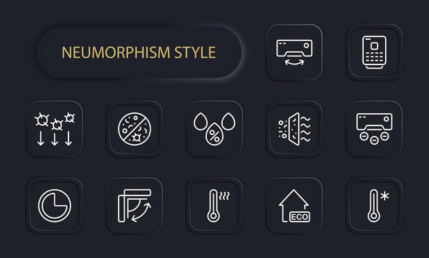 Conditioner set icon Air conditioning Air filtration cold heat virus fan propeller thermometer ecology climat control etc Fresh air concept Neomorphism style Vector line icon for Business