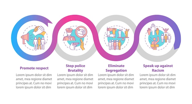 Confronting racism vector infographic template. Stop segregation presentation outline design elements. Data visualization with 4 steps. Process timeline info chart. Workflow layout with line icons