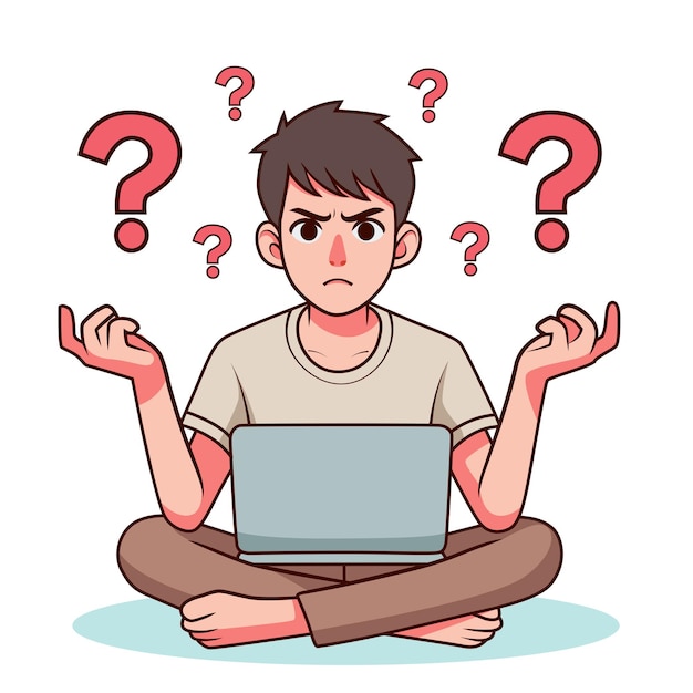 confused guy in front of laptop thinking about something vector cartoon illustration