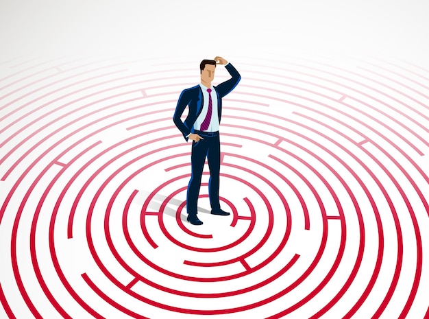 confused young handsome businessman in the center of radial labyrinth trying to find way out vector illustration, business strategy, problem solution.