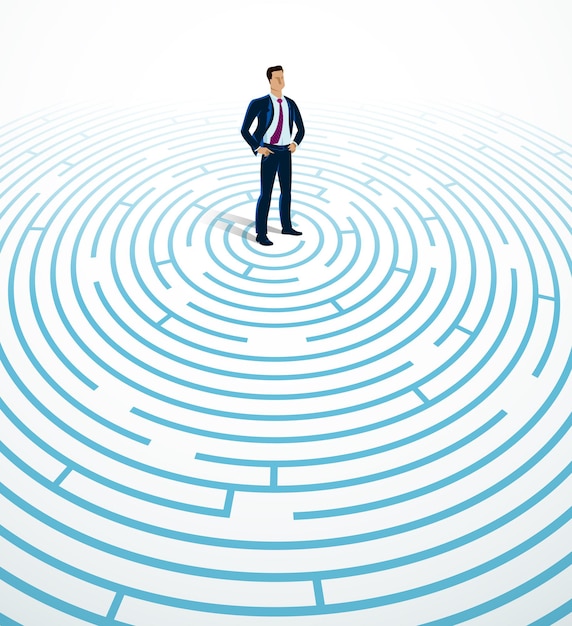 confused young handsome businessman in the center of radial labyrinth trying to find way out vector illustration, business strategy, problem solution.