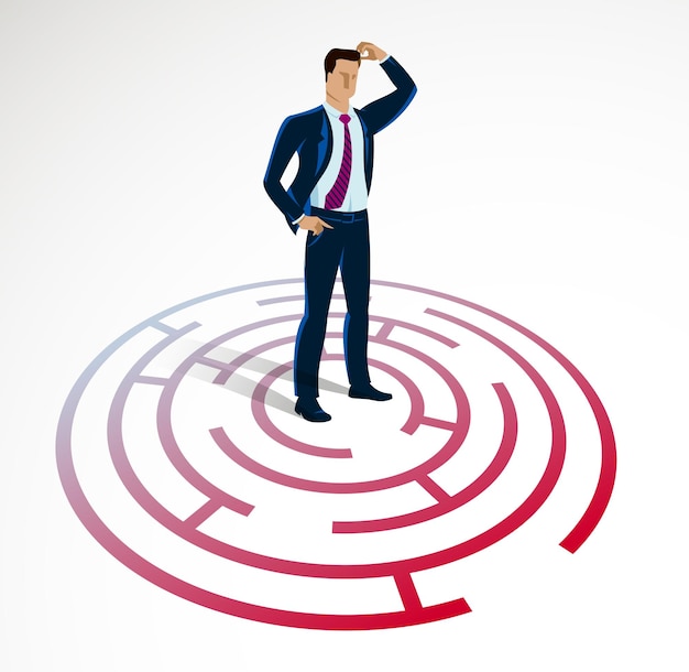 confused young handsome businessman in the center of radial labyrinth trying to find way out vector illustration business strategy problem solution