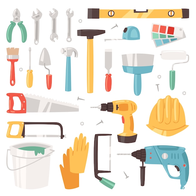 construction equipment constructive tools of builder or constructor with hammer and screwdriver illustration of carpenters toolbox set isolated on white background