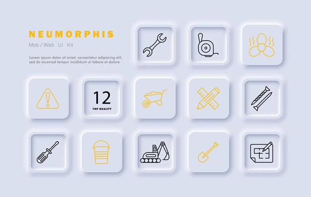 Construction set icon Equipment numbering fan heavy equipment shovel nails pencil ruler warning sign screwdriver wrench Construction equipment concept Neomorphism style