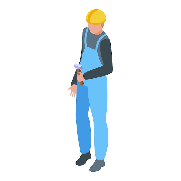 Construction worker holding hammer wearing blue overalls isometric illustration